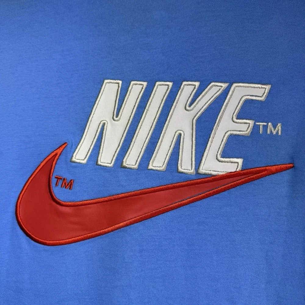 Nike Tee Men's Medium Embroidered Logo Blue Red Swoosh Jumbo Logo Shirt Loose